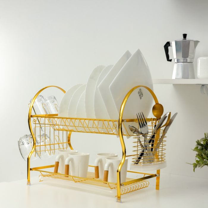 2-Layer Goldy Dish Rack, Convenient Moving, RF10150 | Durable Gold Finish Iron Construction | Holds 17 Plates | Cutlery, Glass/Cup Holder | Compact Design | Attached PP Drain Board