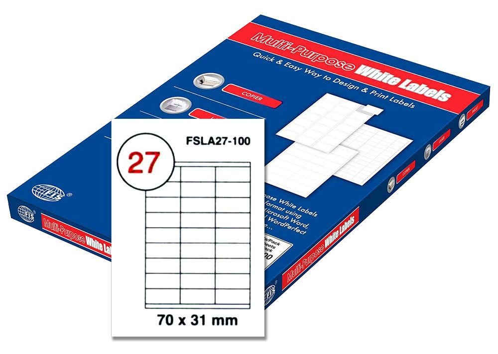 FIS Multipurpose Laser Labels, Colour White, Size 70X31MM, (27 Sticker x 100 Sheet) A4 Size, E.U. Origin Material - FSLA27-100