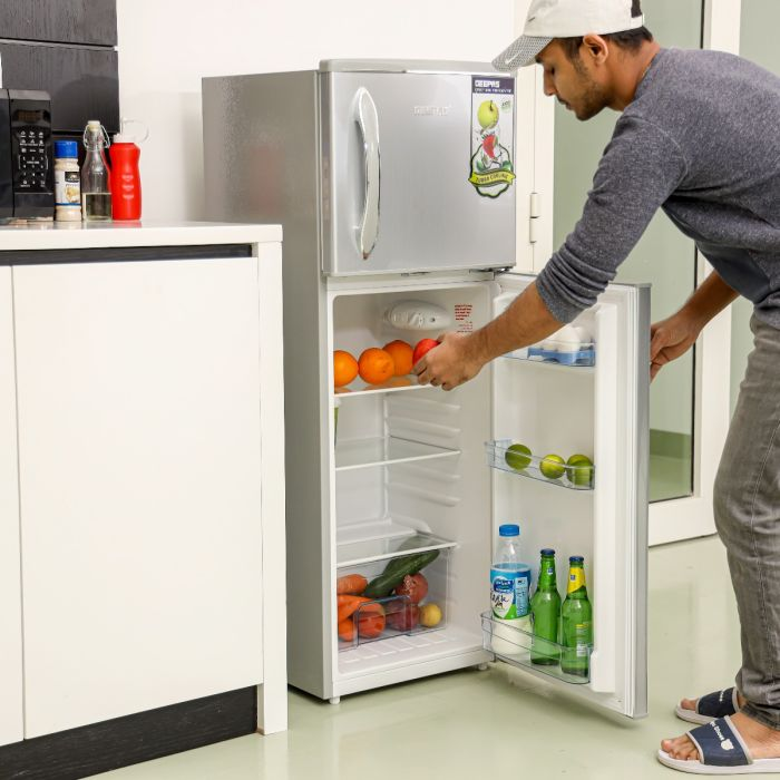 Geepas Double Door Refrigerator - Durable Double Door Refrigerator, Fast Cooling & Preserves Freshness, Low Noise, Energy Efficient, In-Built Deodorizer, Tempered Glass Shelves | 1 Year Warranty