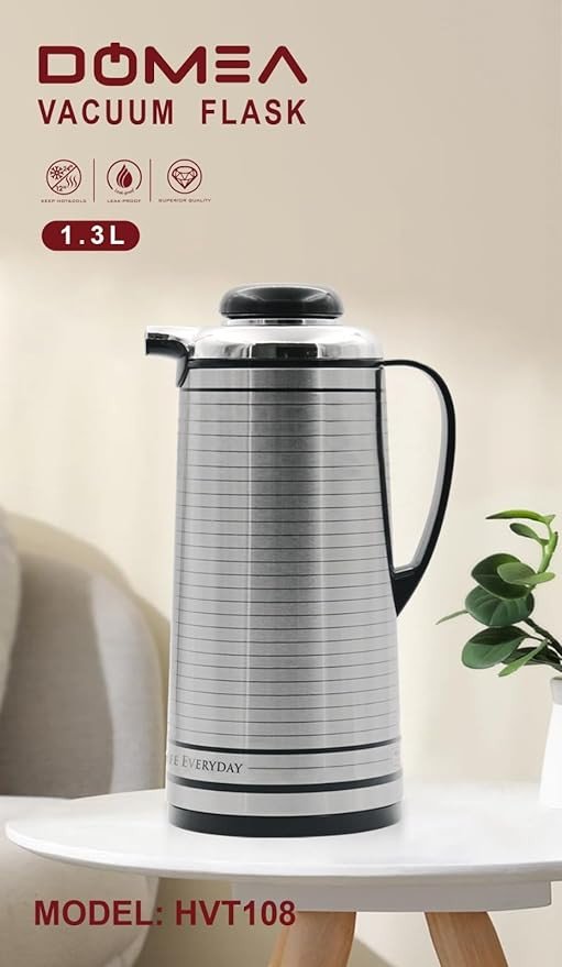 DOMEA Stainless Steel Vacuum Flask, Heat Insulated Thermos, Keep 24 Hour Cold, 12 Hour Hot, Leak Proof, For Tea, Coffee & Water Serving | For Indoor, Camping, Parties & Functions, 1.3 L, Silver