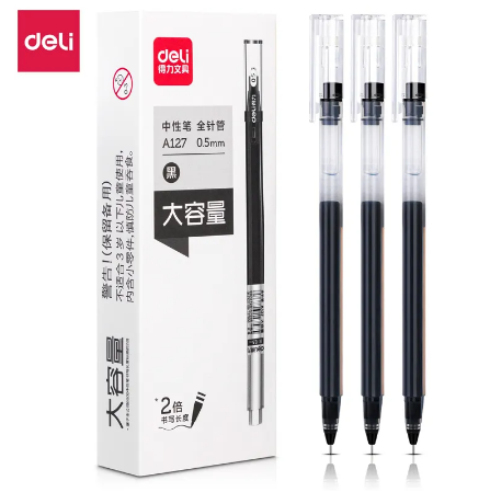 Deli A127 large capacity student gel pen 0.5mm full needle tube Simple and cool style of students' office pen Signature pen