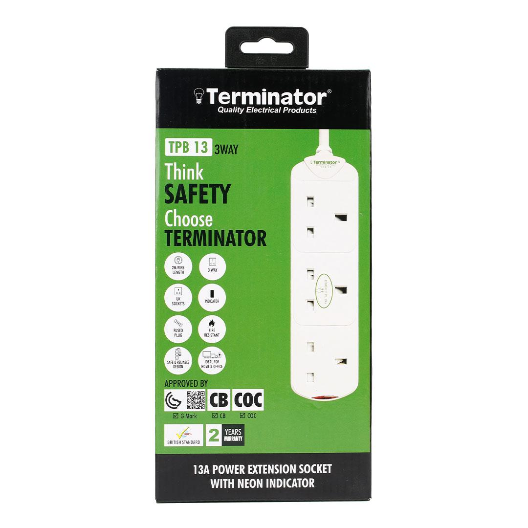 3 Way UK Power Extension Socket 2M 1.25mm2 Cable 13A Plug