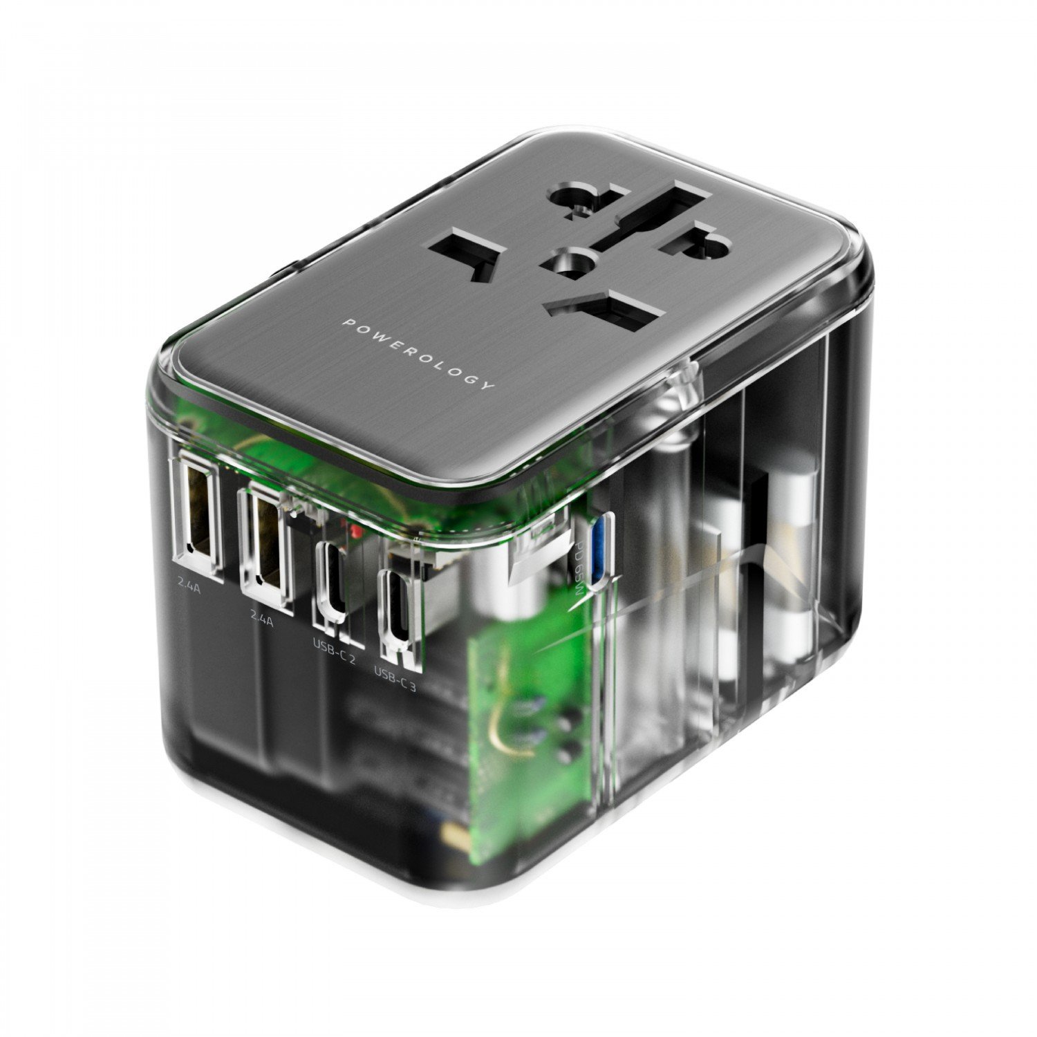Powerology Universal Multi-Port Travel Adapter PD 65W ( 3X Type-C / 2X USB-A Ports ) - Transparent / Gray