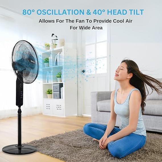 DOMEA Stand Fan 16 Inches, 5 Leaf ABS Blade, 3 Speed Control & Timer, Adjustable Height & Tilt, Ideal For Room, Office, Apartment Use, Silent Pedestal Powerful Oscillating Cooling Fan, 45 W