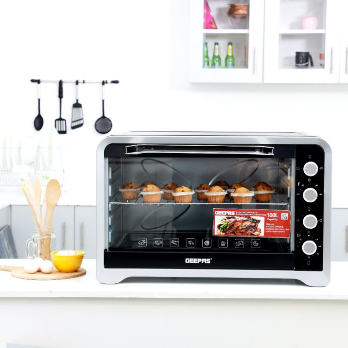 Geepas GO34027 Electric Oven With Rotisserie & Convection 100L - 2800W 4 Function, 4 Heat Selection With 120 Min Timer With Bell | Ideal For Baking, Roasting , Grill & More | 2 Years Warranty