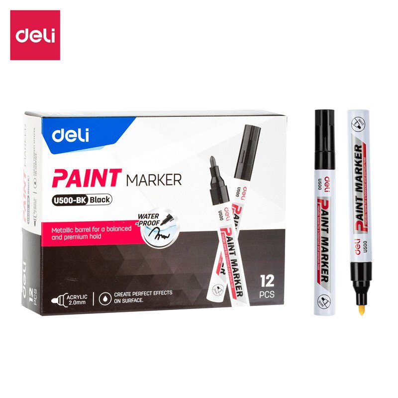 Deli EU500 Paint Marker, 2mm Bullet Tip Black (12Pcs/Pack)