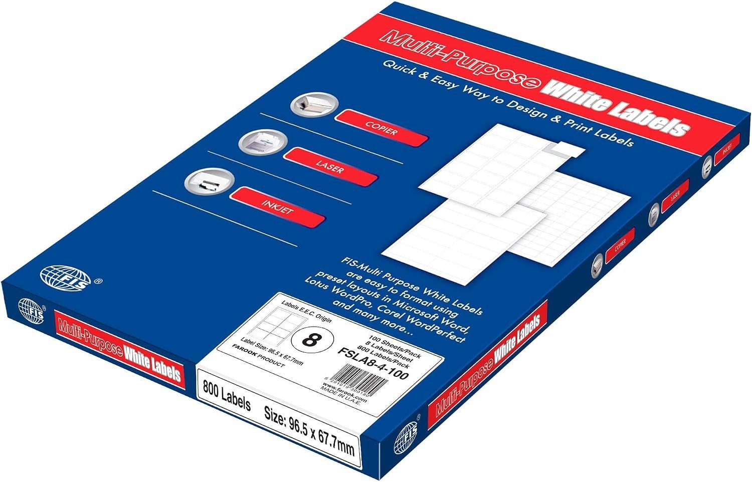 FIS Multipurpose Laser Labels, Colour White, Size 96.5X67.7MM, (8 Sticker x 100 Sheet) A4 Size, E.U. Origin Material - FSLA8-4-100