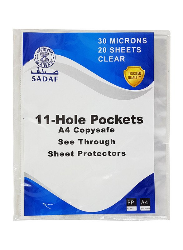 SADAF PUNCHED POCKET A4 30MIC 20PC/PKT WHITE STRIP