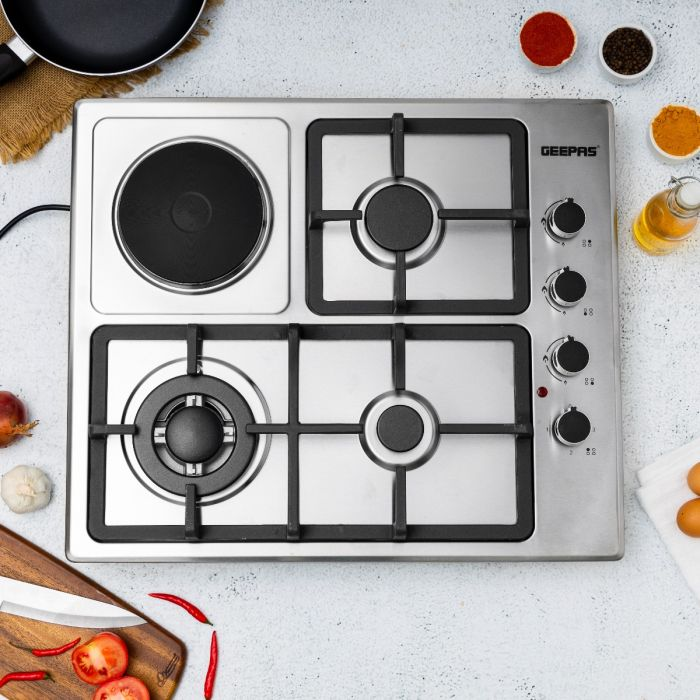 Stainless Steel Built-In Gas Electric Hot Plate Hob, GGC31036 | 4 Burners & 1 Hot Plate | Automatic Ignition System | LPG Gas Type 2800pa | Metal Knob | Cast Iron Pan Support
