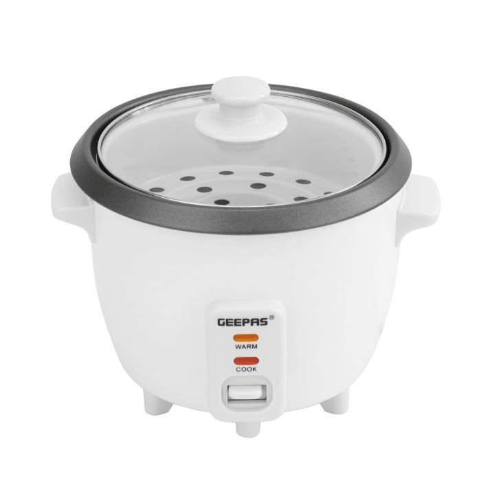 Geepas 0.6 L Multifunctional Rice Cooker- 300W, Equipped With Tempered Glass Lid, Rice Spoon, Plastic Inner Steamer And Measuring Cup