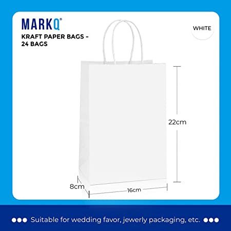 White Paper bags with handles Small Kraft Gift bags for Birthday Party Favors, Weddings, Merchandise, Goodies, Baby Shower (24 Bags)