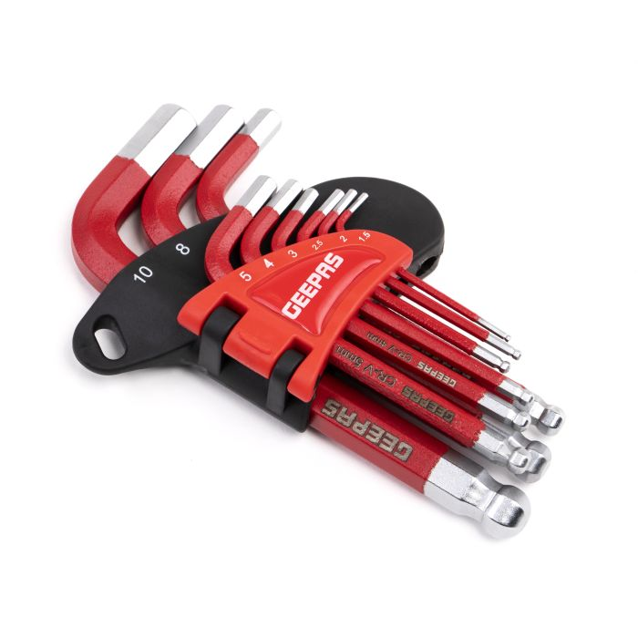 Geepas GT59028 Hex Key Set 9Pc - Portable Durable Material Short Arm 1.5mm To 10mm Metric Ball Point Hex Key Set For Hexagon Sockets | Ideal For DiYers, Mechanics & More