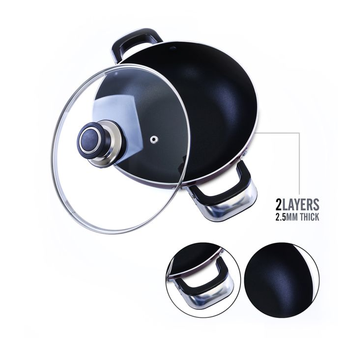 Royalford Aluminium Wok Pan With Glass Lid, 30 CM - Induction Safe Frying Pan With Durable Non-Stick Granite Coating | Dishwasher Safe |Frypan With Glass Lid & Heat-Resistant Handles - Cookware Casser