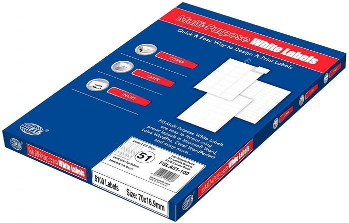 FIS Multipurpose Laser Labels, Colour White, Size 70X16.9MM, (51 Sticker x 100 Sheet) A4 Size, E.U. Origin Material - FSLA51-100