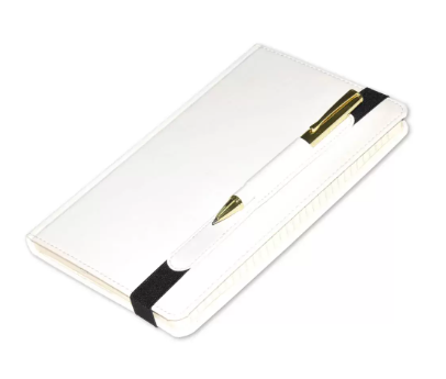 120-Sheets FIS Executive Notebook Single Line 13x21cm, Italian PU with Pen, White - FSNBEXSL1321WH