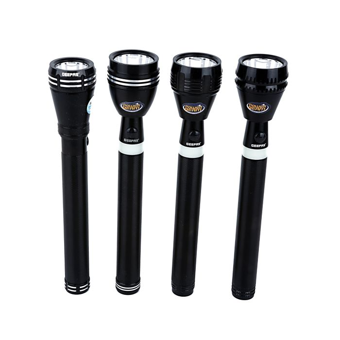 Geepas 4 In 1 Rechargeable Family Pack LED Flashlight 242MM - Hyper Bright Cool White Light 2000 Meters Range Portable Torch High Beam LED Flashlight| Water Proof Pocket Flashlight With Charger, Batte