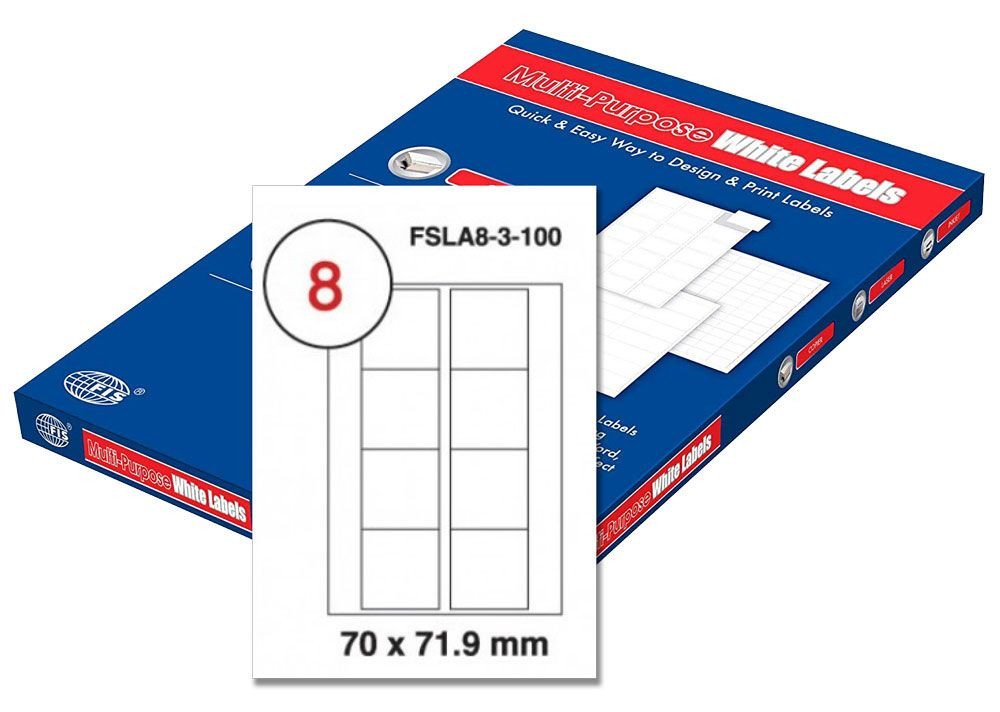 FIS Multipurpose Laser Labels, Colour White, Size 70 x 71.9mm, (8 Stickers x 100 Sheet) A4 Size, E.U. Origin Material - FSLA8-3-100