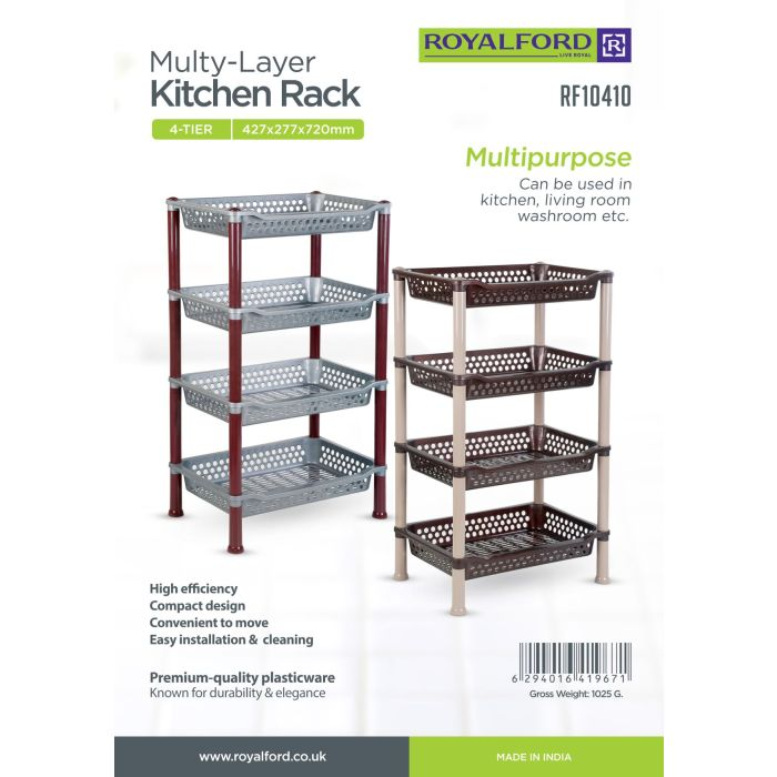 Royalford 4-Tier Multi-Layer Kitchen Rack- RF10410| Plastic Multi-Purpose Storage Rack For Fruits And Vegetables| Storage Rack For Home, Office, Living Room And Kitchen| Rectangular Stand| Compact Des