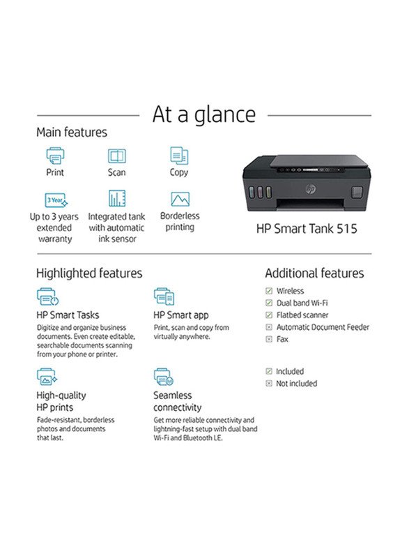 HP Smart Tank 515 Wireless All-in-One Printer, 1TJ09A, Black