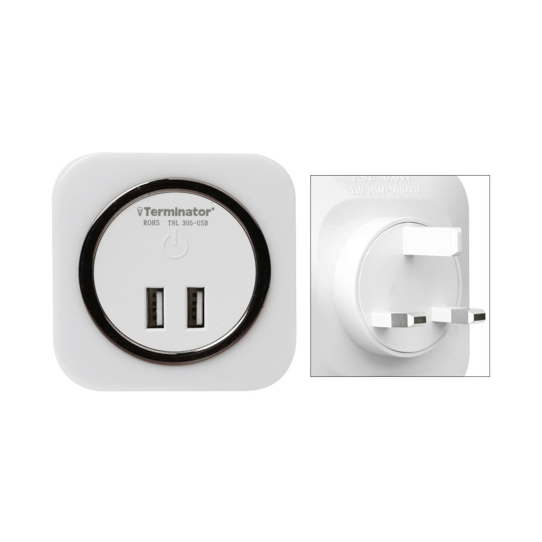 2 USB Night Light (2A) & Touch On and Off Switch 1.5W, 60Lm in White Color, Square Shape