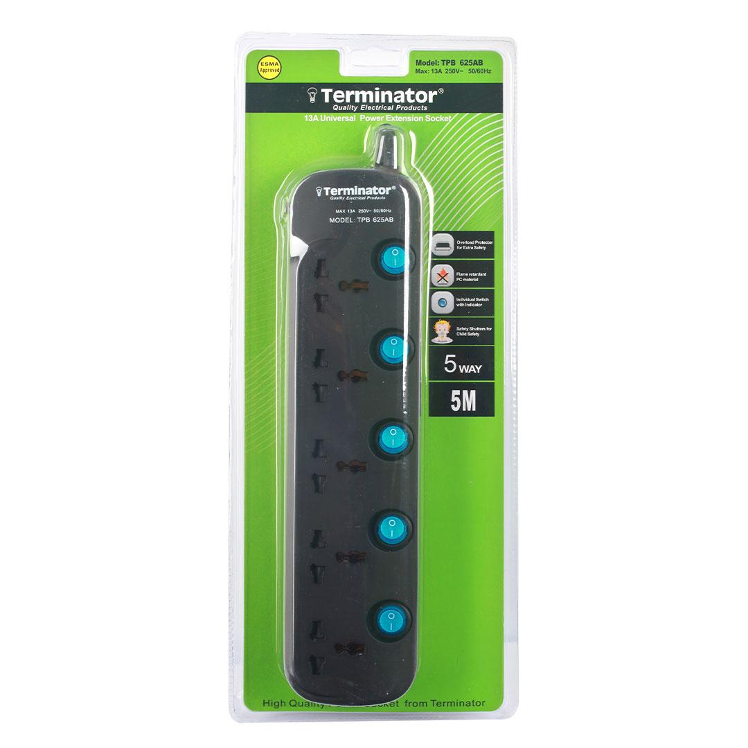 Power Extension Socket 3X1.25mm2 Black Body & Cable and Blue Switch 5M Cable 13A Fuse Plug