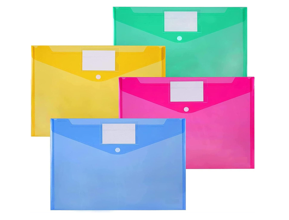 A4 Clear Document Folders, 4 Pack Multicolor Folders Waterproof Plastic Wallets Document Folder Files Popper Wallets with Label Pocket & Button Closure for School, Office, Home