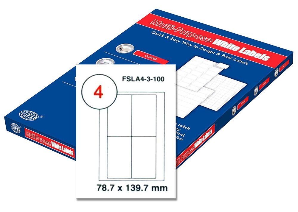 FIS Multipurpose Laser Labels, Colour White, Size 78.7X139.7MM, (4 Sticker x 100 Sheet) A4 Size, E.U. Origin Material - FSLA4-3-100