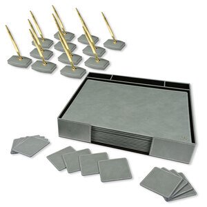FIS Executive Conference Room Set of Bonded Leather Desk Blotter, Coaster and Pen Holder with Pen - Grey - FSDSCONFRSETGY