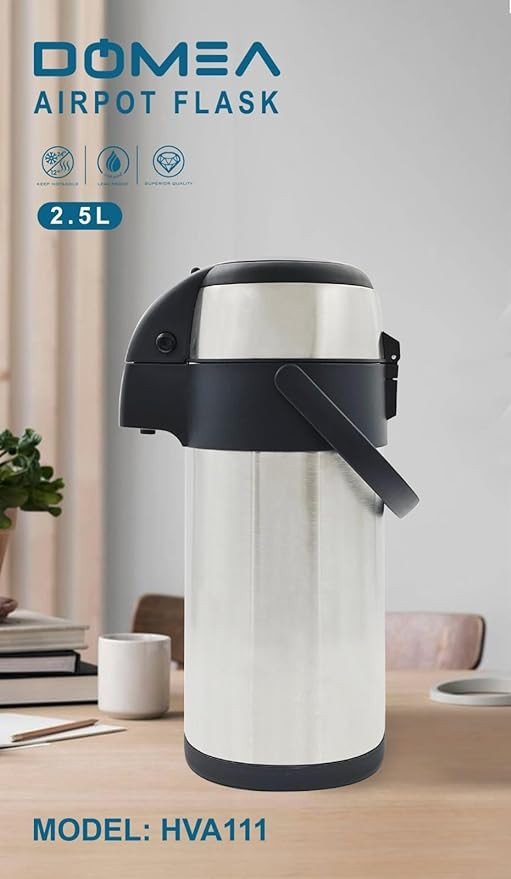 DOMEA 2.5L Airpot Flask With Insulated Pump Action | Stainless Steel Leak Proof Thermal Flask| Hot And Cold Drink Dispenser | Perfect For Tea And Coffee | Portable, 12 Hours Heat Retention