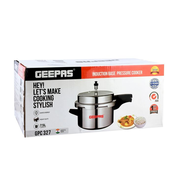 Geepas GPC327 7.5L Induction Base Pressure Cooker - Lightweight & Durable Cooker With Lid, Cool Handle & Safety Valves | 5 Years Warranty
