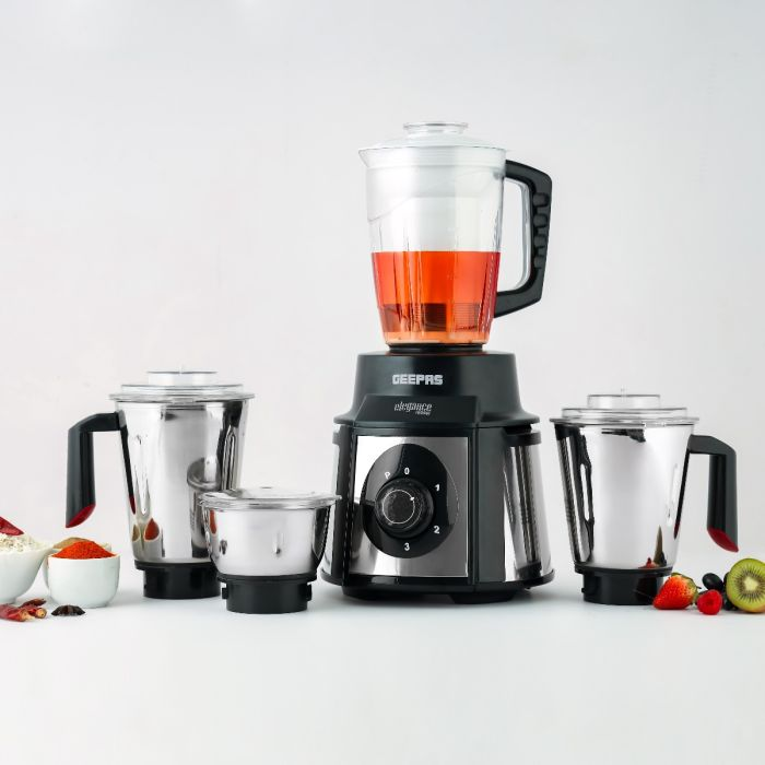 Geepas 5-IN-1 Mixer Grinder- GSB5457N| 1000 W Powerful Copper Motor And Stainless Steel Jars| Modern Design, Durable Body, Robust Handles And Sharp Blades| 1.5L, 1.0L And 450ML Jars With Polycarbonate