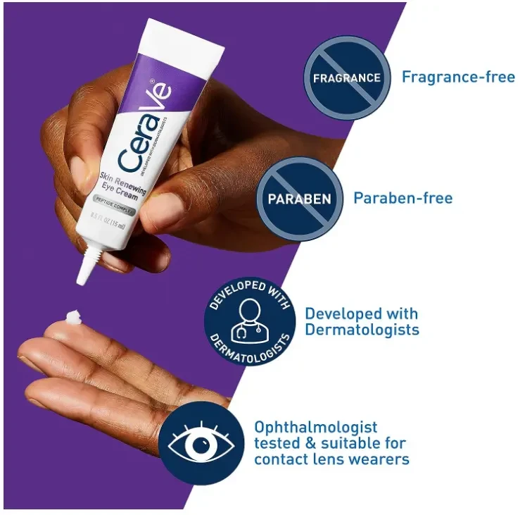 CeraVe Eye Cream for Wrinkles Under Eye Cream with Caffeine, Peptides, Hyaluronic Acid, Niacinamide, and Ceramides for Fine Lines Fragrance Free & Ophthalmologist Tested 0.5 Ounces