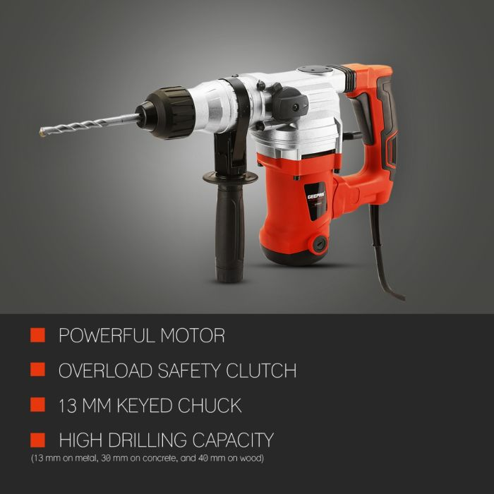 1250W Rotary Hammer Electric Drill With Double Pendulum Load Bearing For 30% More Impact Energy - 13mm Chuck And Adaptor - 220-240V