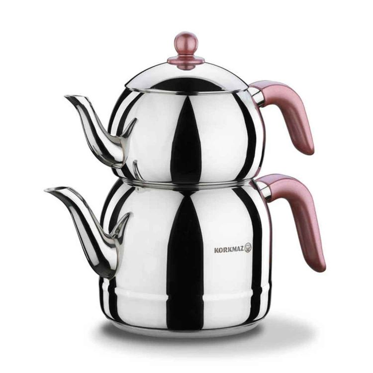 Korkmaz Retro Rose Tea Pot Set - Stainless Steel - Silver - 11 + 25 Ltr