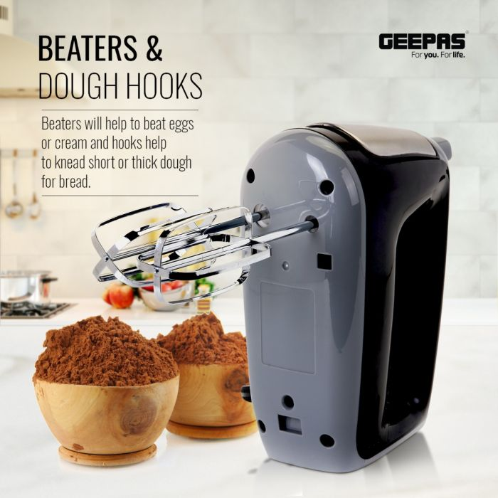 Geepas GHM43020UK 400W Hand Mixer - Professional Food & Cake Mixer For Baking | 5 Speed With Turbo Function, Includes Chrome Extra Long Beaters And Dough Hooks | Dishwasher Safe Accessories | 2 Years 