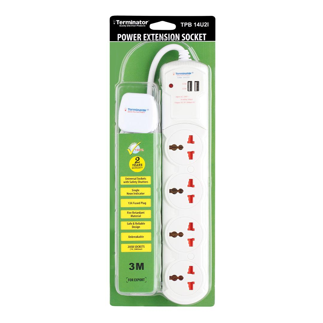 4 Way Universal Power Extension Socket 2 USB Socket 13A