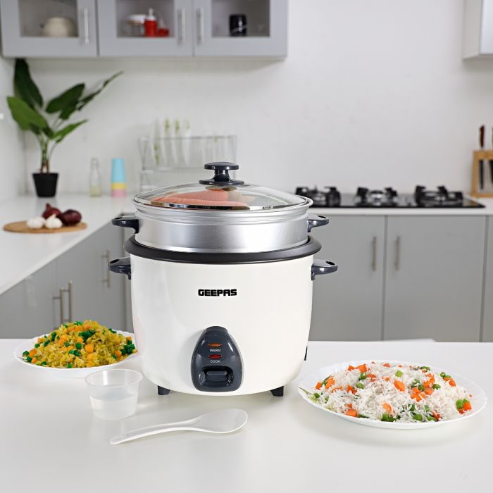 Geepas GRC4325 1L Electric Rice Cooker -Cook/Warm/Steam, High-Temperature Protection - Make Rice & Steam Healthy Food & Vegetables | 2 Year Warranty