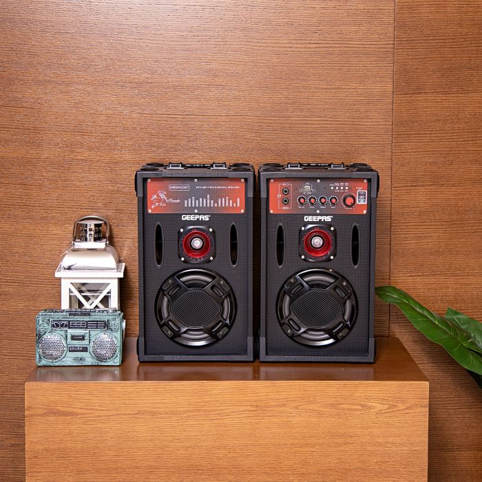 Geepas 6.5" 2- Channel Professional Speakers - Tweeters, Adjustable Master Volume/Bass/Treble Knob, Wireless Microphone, FM With USD & SD Ports | Ideal For Quiz Nights, Discos, Singing, Karaoke & More