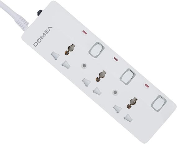 DOMEA Multi Plug Extension With 3 Universal Sockets | Plug Type Adaptor | 3 Meter Copper Cable | Safety Fuse | Individual Switches