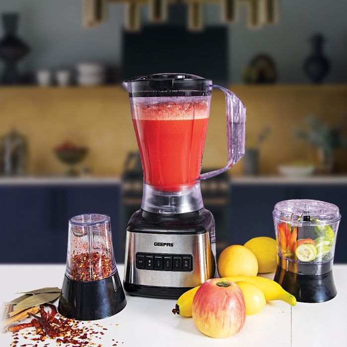 Geepas 500W 3 In 1 Stainless Steel Blender - 8 Speed Control , 1.5L Plastic Jar, 4 Sharp Blades & 2 Blending Preset Juicer- Mill & Chopping Blender, Anti-Slip Feet Design - 2 Year Warranty