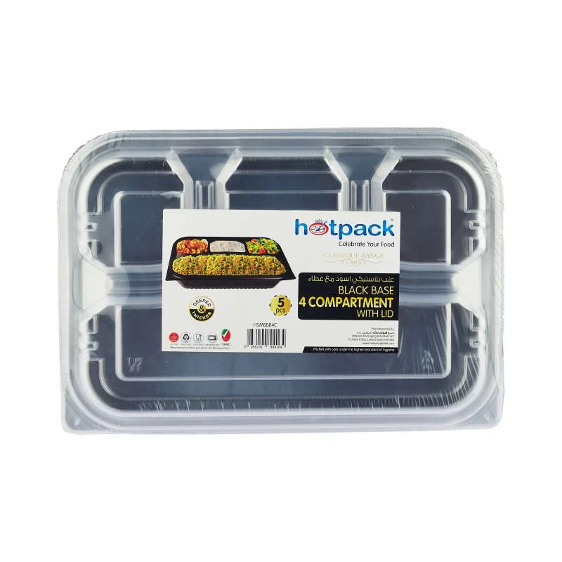 Black Base Rectangular 4-Compartment Container With Lid 5 Pieces