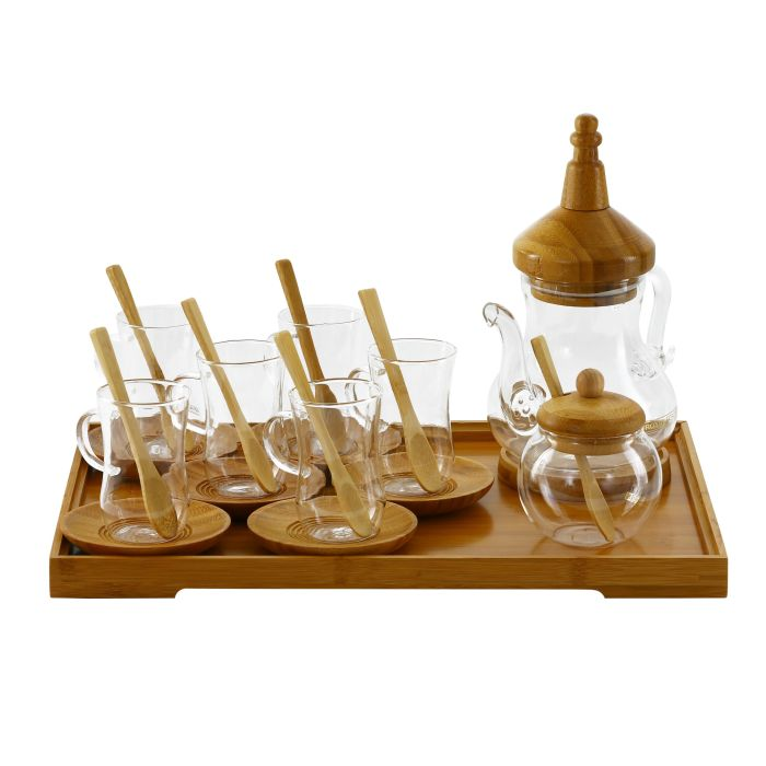 Royalford 24 Pcs Glass Tea Set With Wooden Stand - 6 Glass Tea Cups & Wooden Saucer With Wooden Spoon, For Home And Office Use Tea Coffee Cups Service Set