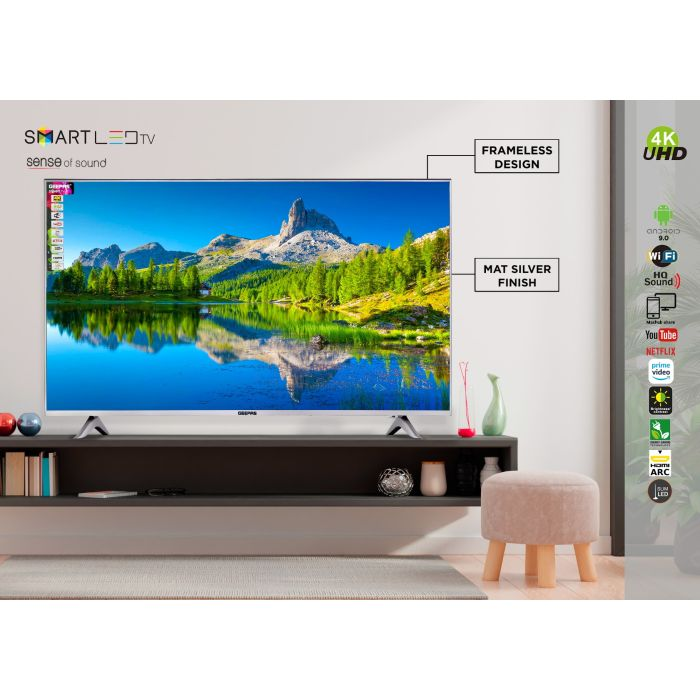 Geepas 65" Smart LED TV - Mirror Cast, 3.5mm, 3 HDMI & 2 USB Ports | Wifi, Android With E-Share | Comes Application Like Youtube, Netflix, Amazon Prime | 1 Years Warranty