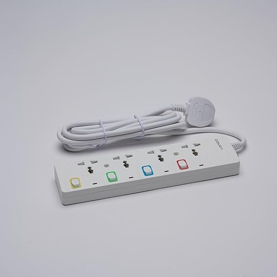 DOMEA Multi Plug Extension With 4 Universal Sockets | Plug Type Adaptor | 3 Meter Cable | Copper Cable With Safety Fuse | Individual Switches
