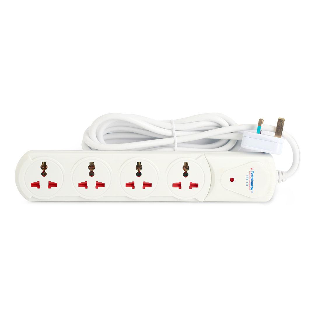 4 Way Universal Power Extension Socket With Indicator 1.00mm2 Wire Off White Body 2M Cable 13A Plug