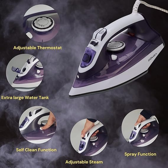 DOMEA 2200 Watts Steam Iron|Adjustable Thermostat | Anti Drip Function, Light Weight With Ceramic Sole Plate, For All ClothTypes, Anti Calc & Auto Clean, Spray & Steam Burst Setting |2 Years Warranty