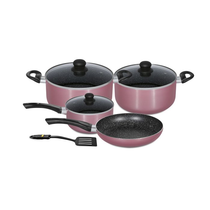 8pcs Aluminium Cookware Set With Granite Coating, RF9437 - 3 Layer Construction, Strong Aluminium Body, CD Bottom, Tempered Glass Lid With Steel Frame