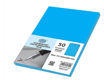 FIS Color Envelopes Peel & Seal, Neon Colors, Pack of 50 Pcs. Blue Color, C4 (324 x 229 mm), 80 GSM - FSEC8027PBBL50