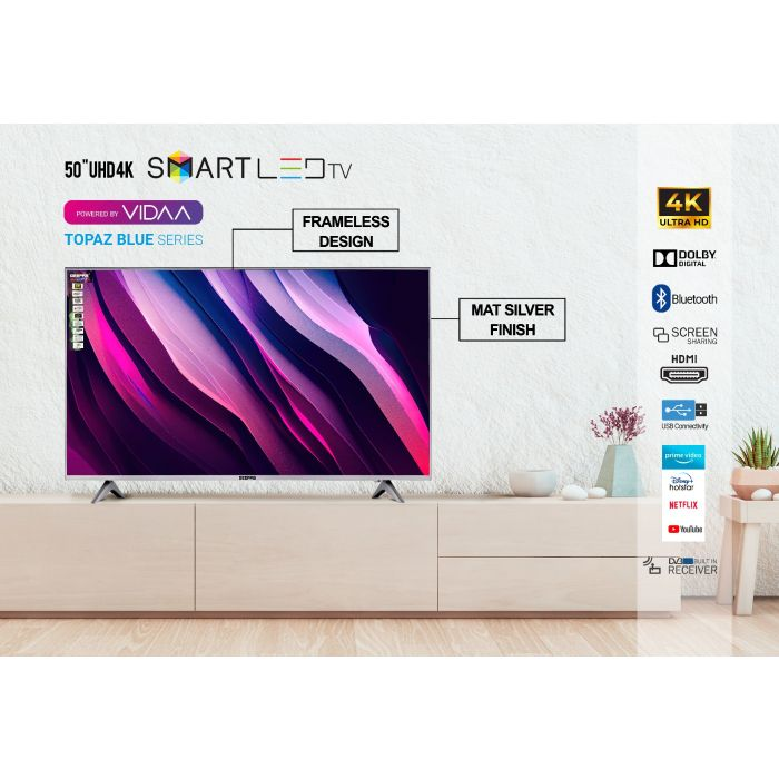 Geepas 50" VIDAA Professional TV- GLED5009SVUHD| 4K Ultra HD, Smart TV With Frameless Design And Matte Silver Finish| With Remote Control, HDMI And USB Ports| Licensed Contents And Pre-Installed Apps,