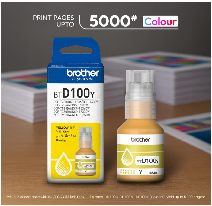 Brother Genuine BTD100Y Ultra High Yield Yellow Ink Bottle, 5,000 Page